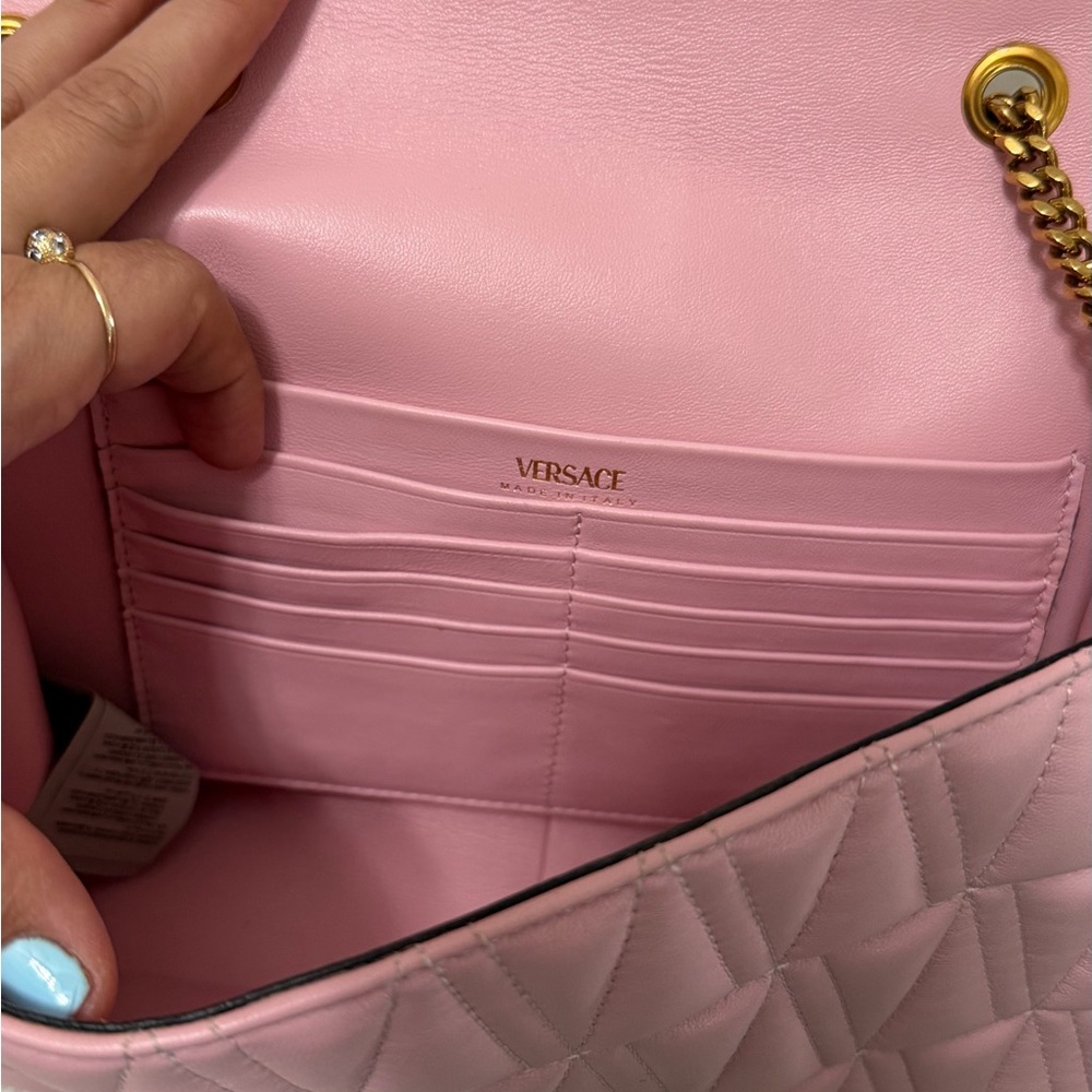 Versace Virtus Pink Quilted Crossbody Bag With Gold Chain - Picture 9 of 10